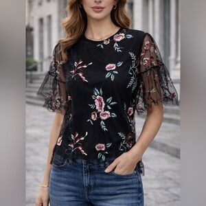 Sans Souci Sheer Floral Embroidered Blouse | Black Mesh | Size Small